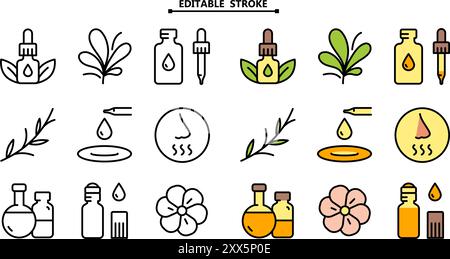 Essential oils aromatherapy color icons set. Editable stroke. Outline collection of essential oils perfume. Vector logo symbols for website design, mo Stock Vector