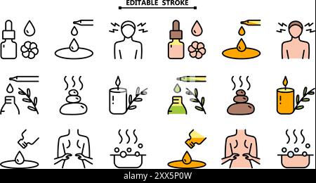 Essential oils aromatherapy icons set. Editable stroke. Collection of essential oils perfume. Vector signs for website design, mobile app, ui. Stock Vector