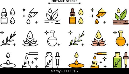 Essential oils aromatherapy color icons set. Collection of essential oils perfume. Vector simple flat signs for web design isolated on white backgroun Stock Vector