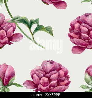 Peonies watercolor seamless pattern. Hand drawn vector illustration of burgundy flowers. For wrapping paper, textiles, wallpaper, fabric, covers, scra Stock Vector