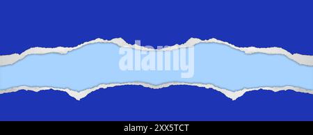Hole ripped in dark blue paper on light blue background Stock Photo