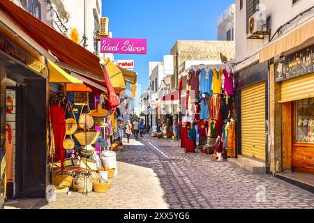 Charming street with shops in the medina, Mahdia, Tunisia. Stock Photo