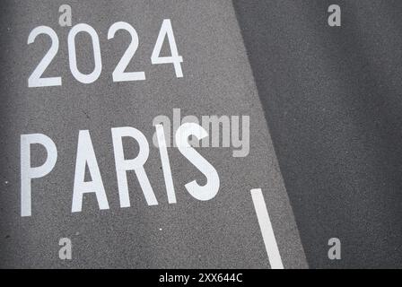 Paris, France - August 22 2024: Paris 2024 dedicated lane exclusively for authorized vehicles during the Olympic and Paralympic Games. Stock Photo