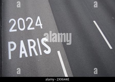 Paris, France - August 22 2024: Paris 2024 dedicated lane exclusively for authorized vehicles during the Olympic and Paralympic Games. Stock Photo