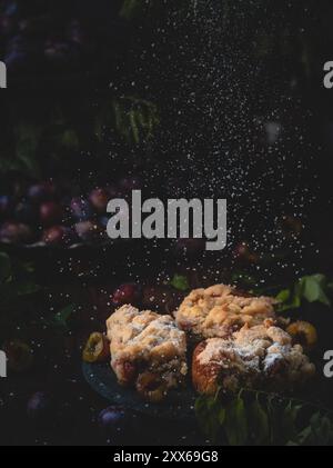 Plum cake on a plate, dusted with icing sugar in a dark, rustic autumn setting with plums and leaves Stock Photo