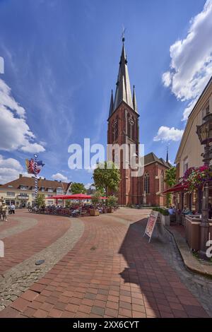 St Sixtus Church with maypole on the market square in Haltern am See, Ruhr area, Recklinghausen district, North Rhine-Westphalia, Germany, Europe Stock Photo