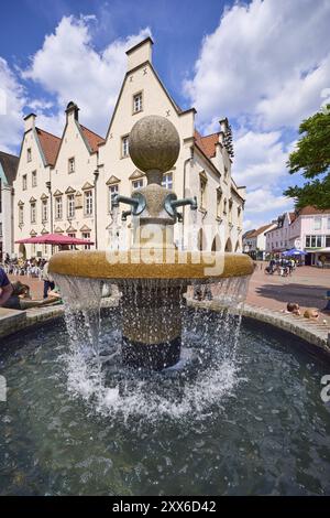 Market fountain with the old town hall in Haltern am See, Ruhr area, Recklinghausen district, North Rhine-Westphalia, Germany, Europe Stock Photo