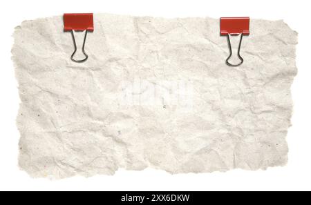 Grunge Torn Paper With Red Clips Isolated On White Background. Ready for your message Stock Photo