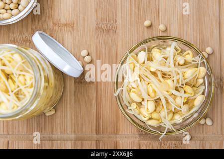 Preserved Soy Sprouts (close-up shot) on wooden background Stock Photo