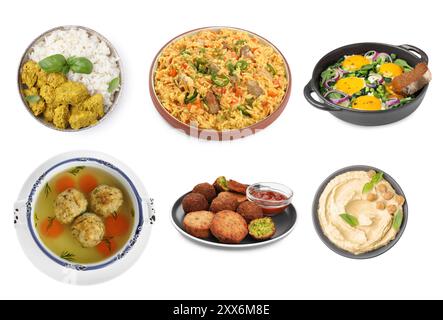 Hummus, falafel balls, matzo balls, pilaf, shakshuka and rice with curry on white background. Collection with dishes of different national traditional Stock Photo