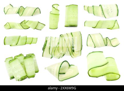 Thinly sliced cucumbers isolated on white, collage Stock Photo