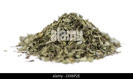 Dried Stevia leaves isolated on white background (close-up shot) Stock Photo