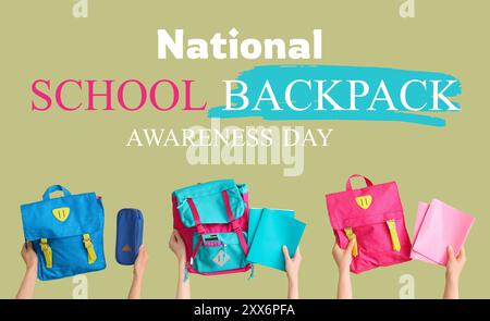 Hands with schoolbags on color background. National School Backpack Awareness Day Stock Photo