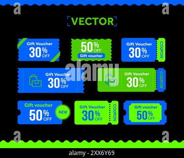3d pack of coupons in blue and green, shopping icon, barcode and shape, coupon code. Coupon set isolated on dark background. Voucher template for special promotion. 3d Vector illustration. Vector illustration Stock Vector