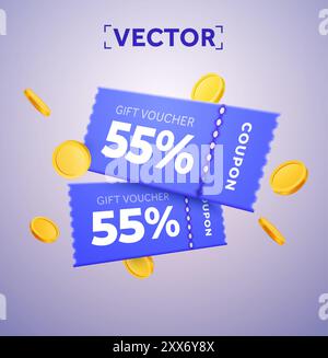 3d couple of purple coupons with coupon code, golden coins. Special giveaway with coupons or vouchers, percentage off. Gift voucher and gold coin dollar sign template. 3d vector illustration. Vector illustration Stock Vector