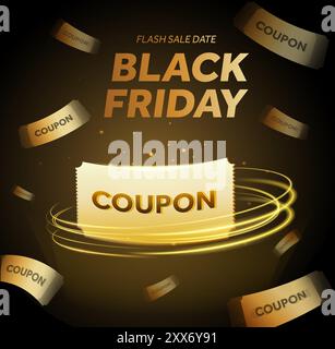 3d shining premium golden coupons on black background. Black friday gift voucher, coupon code giveaway banner template. Discount event poster. 3d vector illustration. Vector illustration Stock Vector