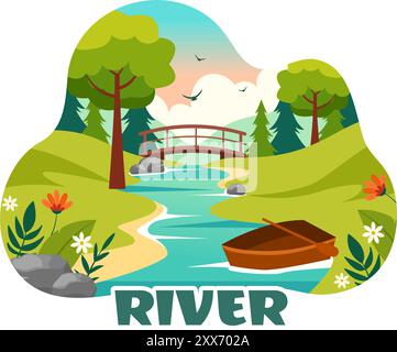 Vector Illustration of a River Landscape with Mountain Views, Green Fields, Trees, and Forests Surrounding the Rivers in a Flat Cartoon Background Stock Vector