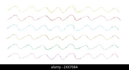 Colorful charcoal lines, waves set. Thin hand drawn childish crayon strokes. Stock Vector