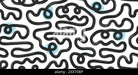 Bold brush geometric maze seamless pattern. Abstract textured ink lines, waves, curly squiggle motif. Stock Vector