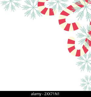 Festive top corner frame with candy canes and snowflakes Isolated Greetings design concept Copy space. Lettering, inscriptions, cards, posters, banners, label or web promo Vector illustration Template Stock Vector