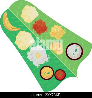 onam food on banana leaf Stock Vector