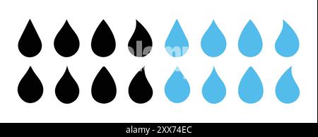 Water drops shape icon blue and black color. Water or rain drops shape icons set. Blood, water or oil drop. Plumbing logo. Flat design. Stock Vector