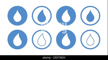 Water drop icon set in blue color. Water droplets icon collection in the circle logotype. Water or rain drop icon for apps and websites. Stock Vector