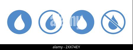 Water drops icon set in blue color. Water droplets icon collection in the circle. Waterproof Surface Required. Water drops in circle, outline. Stock Vector