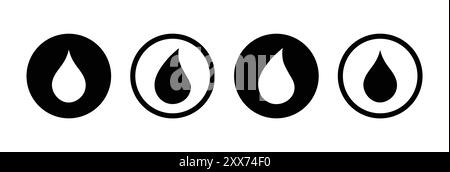 Water drop icon set in black color. Water droplets icon collection in the circle logotype. Water or rain drop icon set for apps and websites. Stock Vector