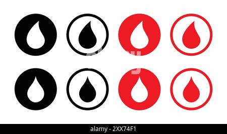 Blood drop icon set red and black color. Blood drop sign symbol. Donor concept. Flat design. Medical symbol. Blood drop logotype icon set. Vector icon. Stock Vector