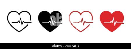 Heartbeat icon set in red and black color. Heartbeat pulse flat icon for medical apps and websites. Vector illustration. Heart vector icons Stock Vector
