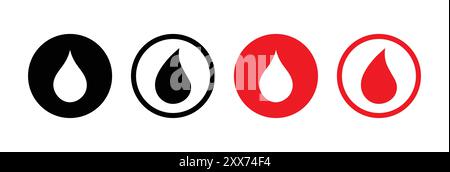 Blood drop icon set red and black color. Blood drop sign symbol. Donor concept. Flat design. Medical symbol. Blood drop logotype icon set. Stock Vector