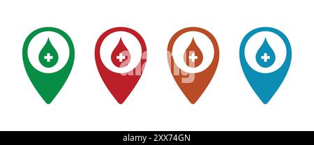 Hospital or pharmacy location icon set. Plus, pin map icon set. Hospital, Clinic location. Map pointer. Map markers. Vector illustration. Stock Vector