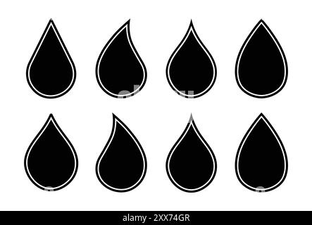 Water drops shape icon symbol set different style. Flat style. Water drop icon, sign, material set. blood drop icon set. Water, oil drops set isolated. Stock Vector