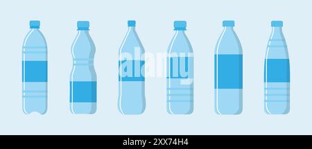 Set of bottle icon blue color. Bottle of water icon in flat style. Vector illustration. Plastic bottle collection. Plastic bottle icon set. Stock Vector
