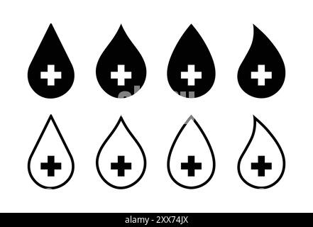 Health water drops icon set black color. Clean water sign. Water drops with plus sign in line and fill flat style for drinking, vector illustration. Stock Vector