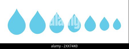 Water drop shape. Blue water drops icon set. Water or oil drop. Flat style. Droplet icon set with different sizes. Vector illustration. Stock Vector