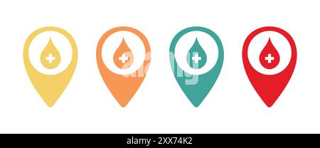 Hospital or pharmacy location icon set. Map pin with cross. Plus pin map icon set. Hospital, Clinic location. Map pointer. Map markers. Stock Vector