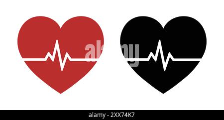 Heartbeat icon set in red and black color. Heart shape with pulse line. heartbeat pulse flat icon for medical apps and websites. Vector illustration. Stock Vector