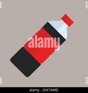 Bottle icon. Soda bottle. Plastic bottle with drink. Icon of cola. Red fizzy drink caffeine and sugar. Black cold soft water. Vector illustration. Stock Vector
