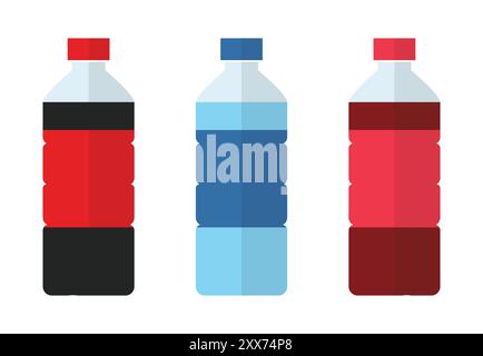 Soda, water and juice or tea bottles. Set of bottles icons color. Nature drinks in flat style isolated on white background. Plastic bottles of water. Stock Vector