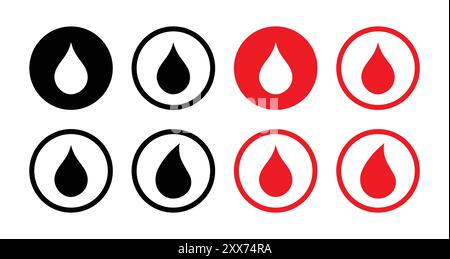 Blood drop vector icon set red and black color. Blood drop sign symbol. Donor concept. Flat design. Medical symbol. Blood drop logo icon set. Stock Vector