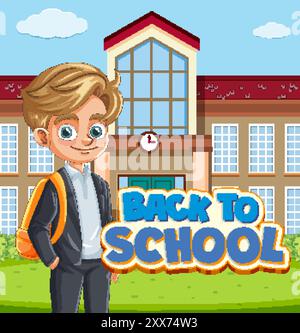 Boy with backpack in front of school Stock Vector