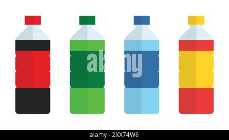 Plastic bottle package set with blue water, red, black, orange, green soda beverage and labels. Soda, water and juice or tea bottles. Vector icon. Stock Vector