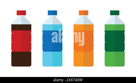 Set of sweet water plastic bottle soda, lemon, orange and water. Drinks in bottles. Plastic beverage bottles icon set. Bottled cold drinks flat design. Stock Vector