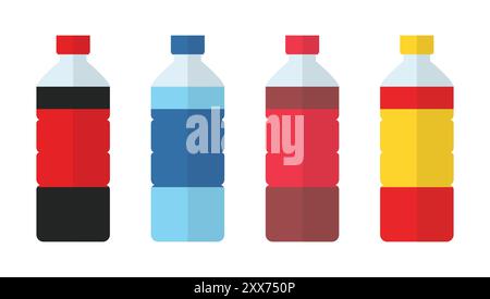 Water and juice or tea bottles. Set of bottles icons. Nature drinks in flat style. Set of sweet water plastic bottle soda, lemon, orange and water. Stock Vector