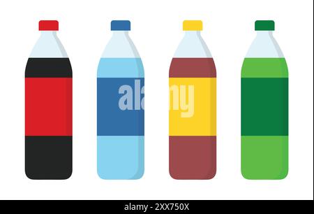 Set of bottles icons. Drink icons set in flat style. Plastic bottle vector icon. Sweet soda symbol. Fizzy drinks sign. Plastic beverage bottles icon. Stock Vector