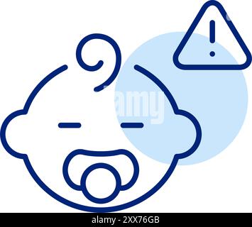 Infant with pacifier and exclamation mark security alert. Baby safety warning. Pixel perfect, editable stroke icon Stock Vector