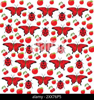 cute butterfly, ladybug with fruit as a pattern background Stock Vector