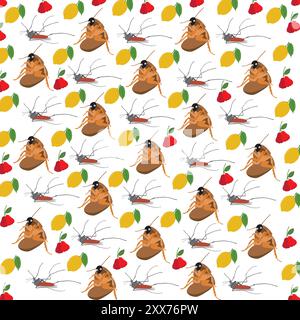 mosquitoes, cockroaches with fruits as a pattern background Stock Vector